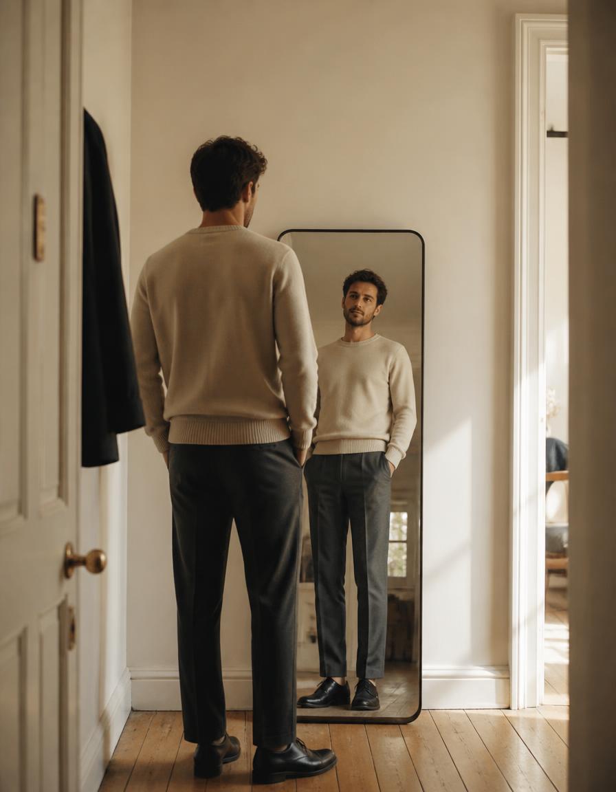 A man taking one last look at his outfit in a full-length mirror in a sunlit hallway before leaving home