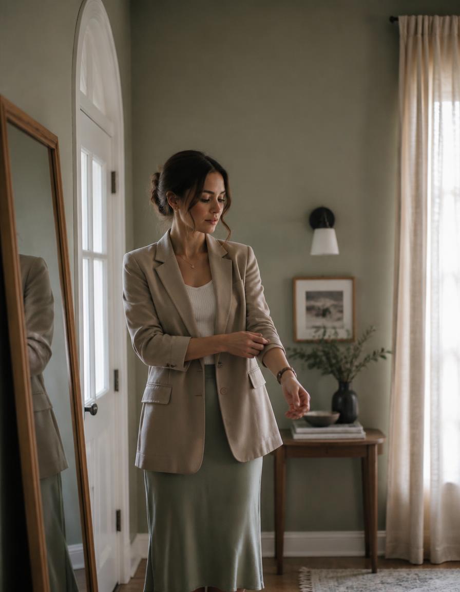 A woman adjusting her sleeve by the entryway mirror of a calm, sage-toned home before heading out